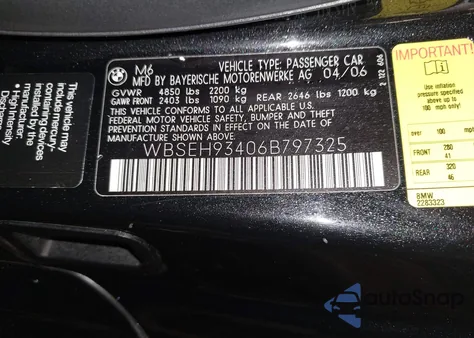 2006 BMW M6 z USA, uszkodzony, nr VIN WBSEH93406B797325